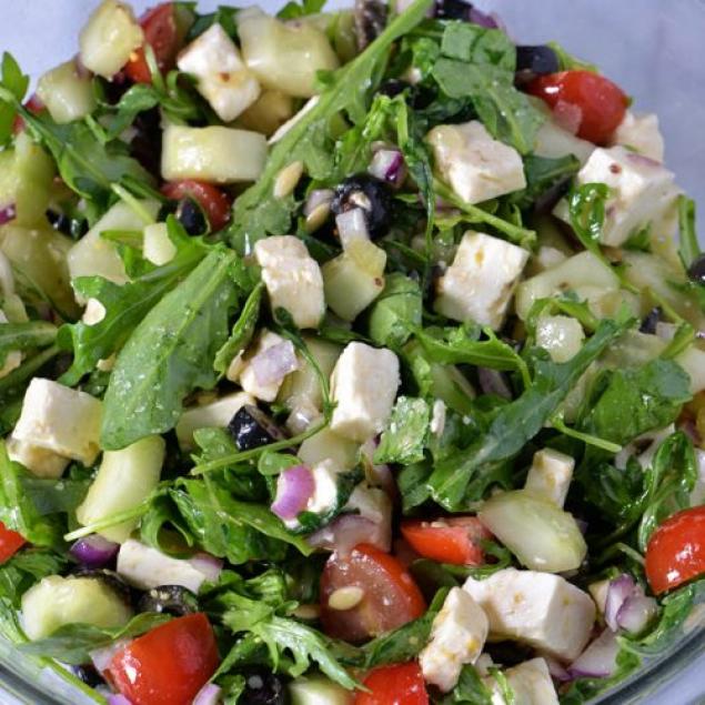 Greek Salad ~ Marinated Feta / Kalamata Olive / Plum Tomato / Cucumber / Red Onion / Crisp Lettuce / Lemon Oregano Dressing